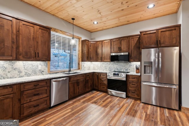 kitchen featuring stainless steel appliances, backsplash, wooden ceiling, and a sink