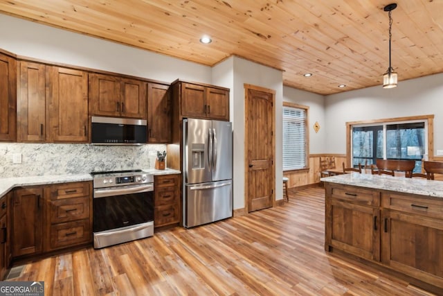 kitchen featuring stainless steel appliances, wainscoting, wooden ceiling, and hanging light fixtures