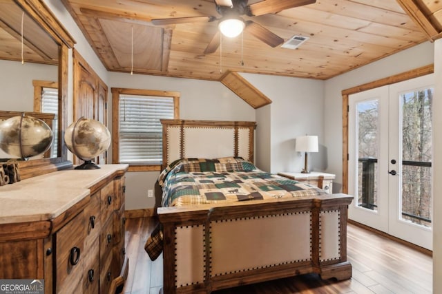 bedroom with access to exterior, wooden ceiling, and visible vents