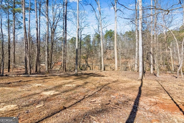 view of landscape featuring a forest view