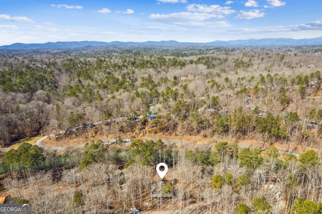 drone / aerial view with a forest view and a mountain view