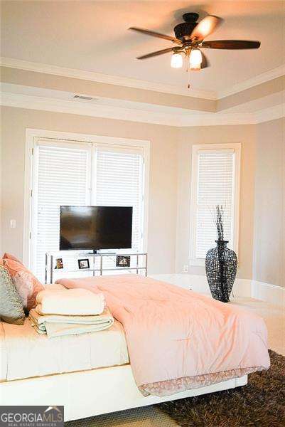 living area with ceiling fan and crown molding