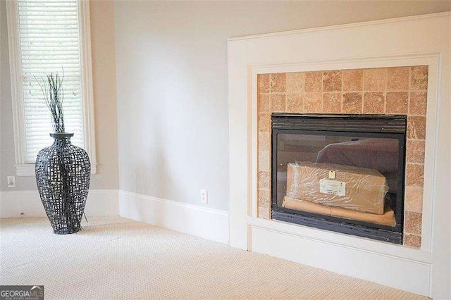 details with carpet floors and a fireplace