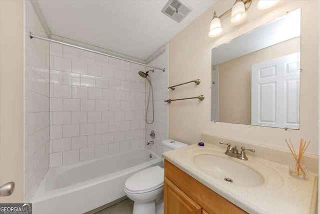 full bathroom with toilet, visible vents, shower / washtub combination, and vanity