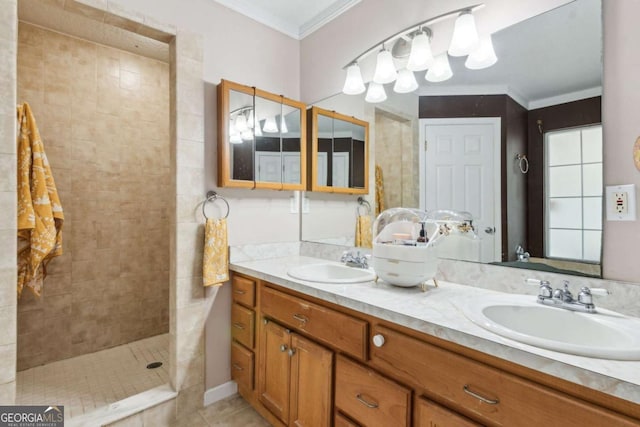 full bath with ornamental molding, double vanity, a sink, and a walk in shower