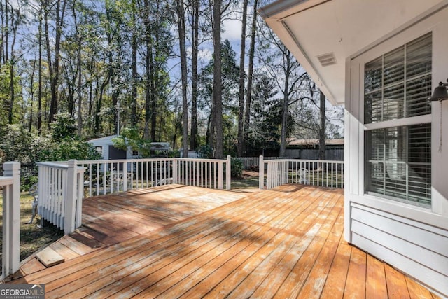 wooden terrace featuring fence