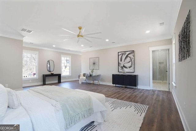 bedroom with recessed lighting, wood finished floors, visible vents, baseboards, and ornamental molding