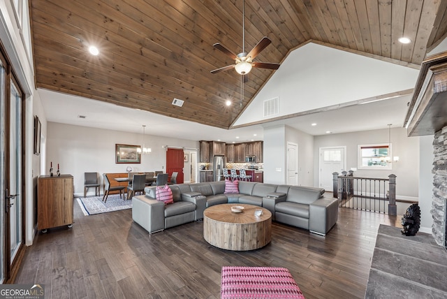 living area with high vaulted ceiling, wooden ceiling, recessed lighting, visible vents, and dark wood finished floors