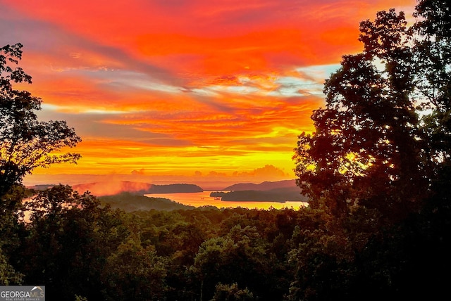 property view of mountains featuring a water view and a wooded view