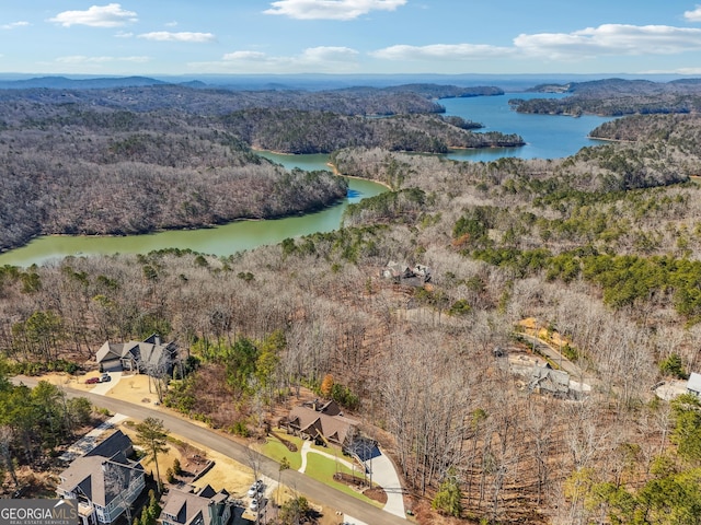 aerial view with a water view and a wooded view