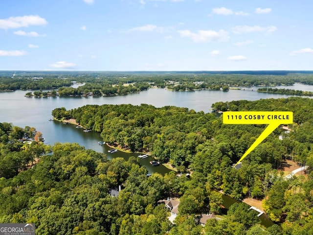 birds eye view of property with a water view and a wooded view