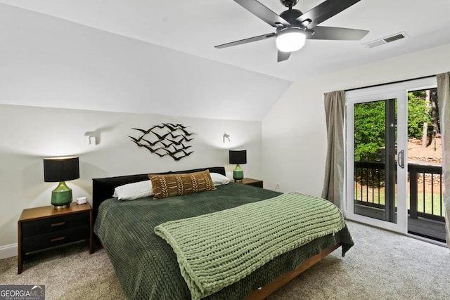 carpeted bedroom with lofted ceiling, access to exterior, ceiling fan, and visible vents