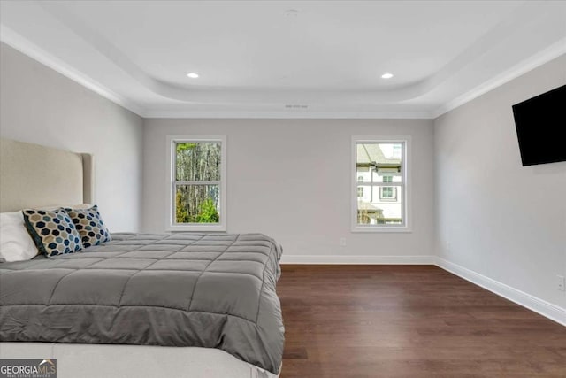 bedroom with wood finished floors, multiple windows, and a raised ceiling