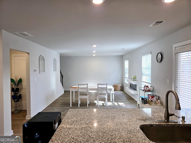 kitchen featuring wood finished floors, plenty of natural light, a sink, and visible vents