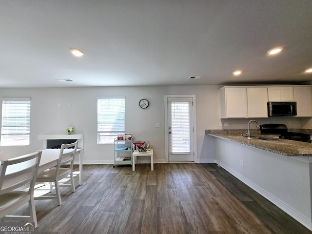 kitchen with dark wood-style floors, stove, a sink, and visible vents