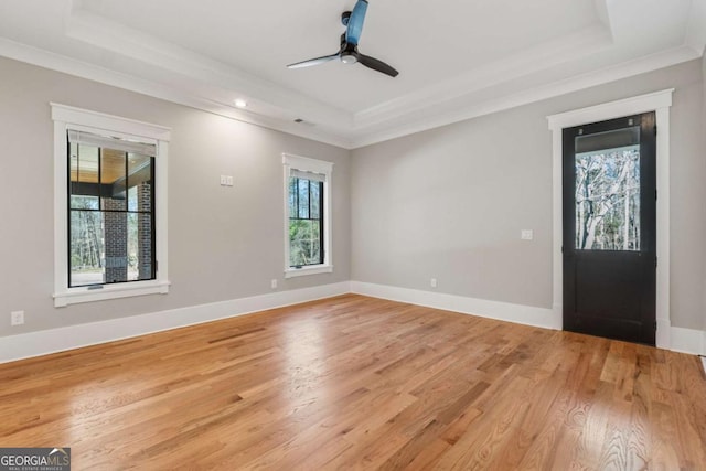 interior space with light wood-type flooring, baseboards, and a raised ceiling