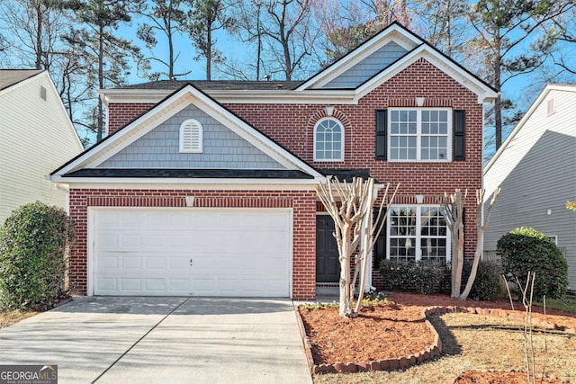 traditional home with a garage, concrete driveway, and brick siding