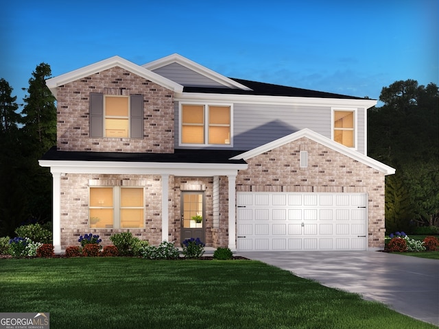 traditional home featuring driveway, a garage, a front lawn, and brick siding