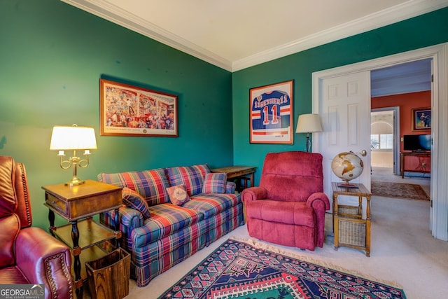 living room featuring ornamental molding and carpet