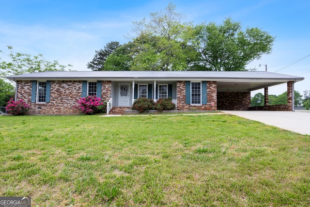 ranch-style house with a front lawn, concrete driveway, an attached carport, a porch, and brick siding