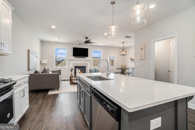 kitchen with a warm lit fireplace, stainless steel appliances, dark wood-type flooring, a sink, and white cabinets