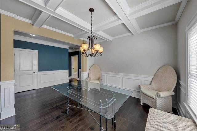 dining room featuring coffered ceiling, a chandelier, dark wood-style flooring, and beam ceiling