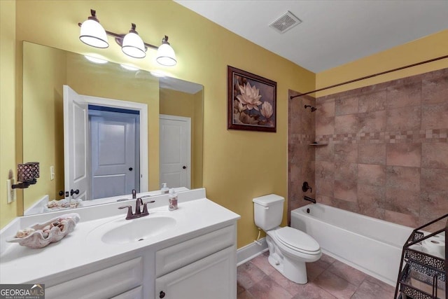 bathroom featuring visible vents, toilet, tile patterned flooring, bathtub / shower combination, and vanity