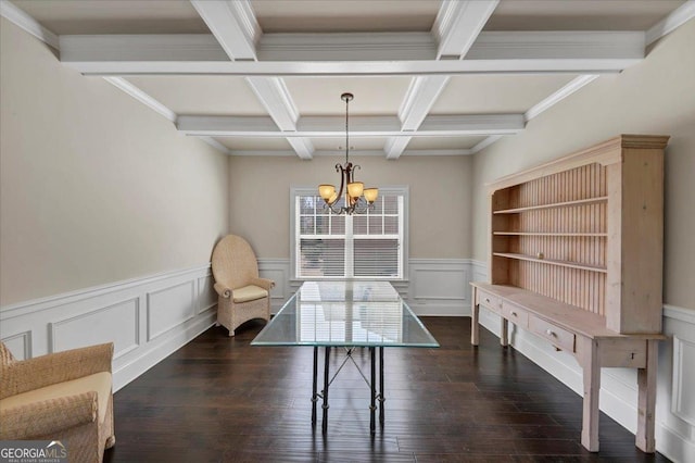 dining area with wood finished floors, beam ceiling, and a notable chandelier