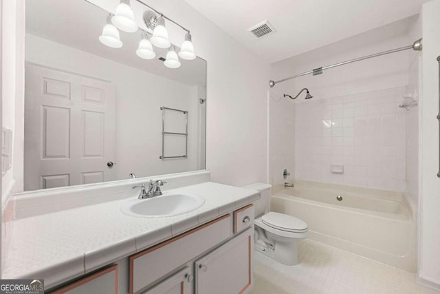 full bathroom featuring shower / bath combination, visible vents, toilet, vanity, and tile patterned floors