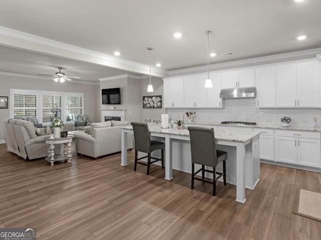 kitchen with a fireplace, stainless steel gas stovetop, backsplash, wood finished floors, and under cabinet range hood