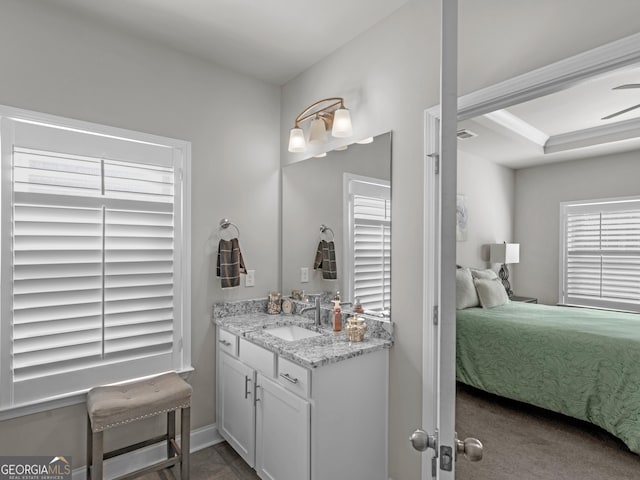 ensuite bathroom featuring a tray ceiling, visible vents, vanity, and ensuite bathroom