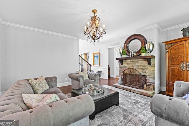 living room with ornamental molding, a fireplace, and dark wood finished floors