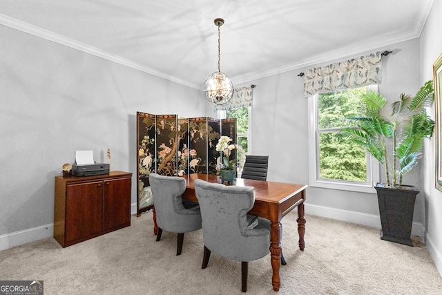 dining area featuring light carpet, baseboards, and ornamental molding