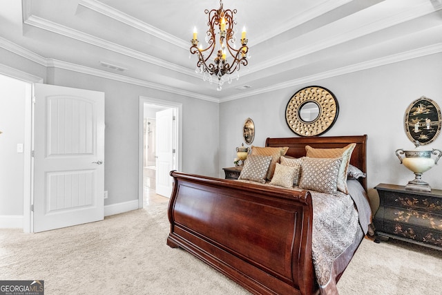 carpeted bedroom with a notable chandelier, visible vents, baseboards, ornamental molding, and a tray ceiling