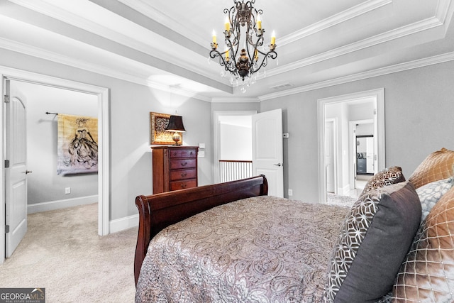 carpeted bedroom with a chandelier, ornamental molding, a raised ceiling, and visible vents