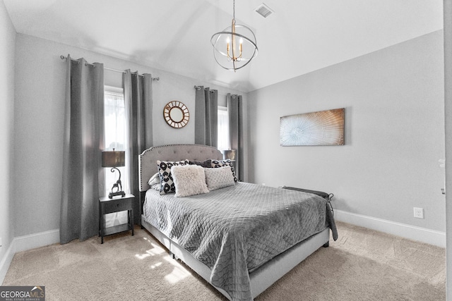 bedroom featuring a chandelier, carpet, visible vents, and baseboards