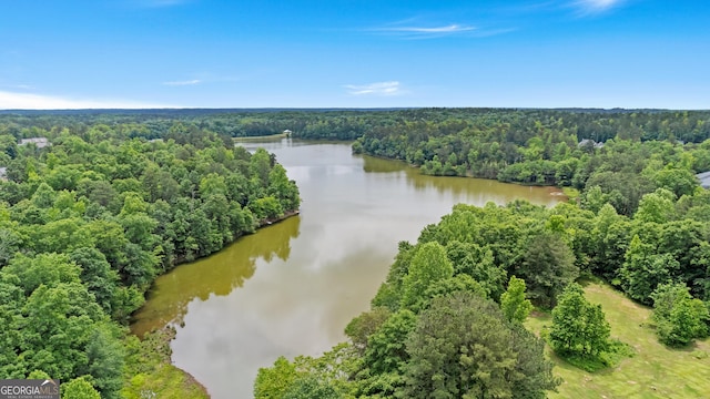 aerial view featuring a water view and a view of trees