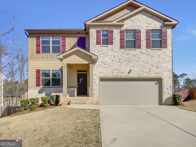 craftsman house with a garage, brick siding, fence, concrete driveway, and board and batten siding