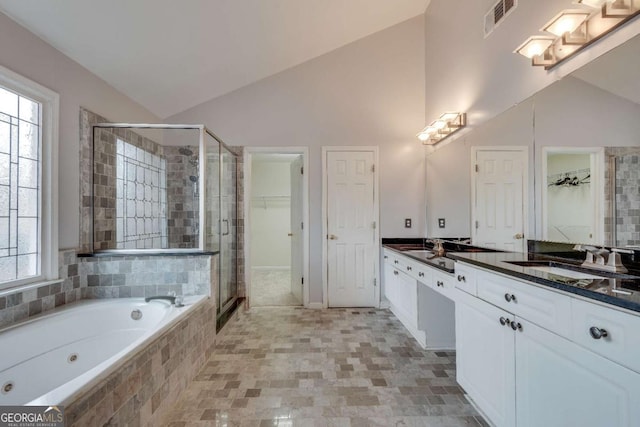 bathroom featuring lofted ceiling, a shower stall, and a sink