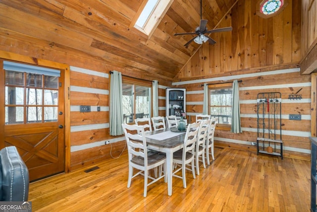 dining room featuring vaulted ceiling with skylight, wood walls, a ceiling fan, and a healthy amount of sunlight