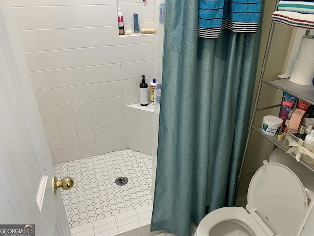 bathroom with toilet and a shower stall