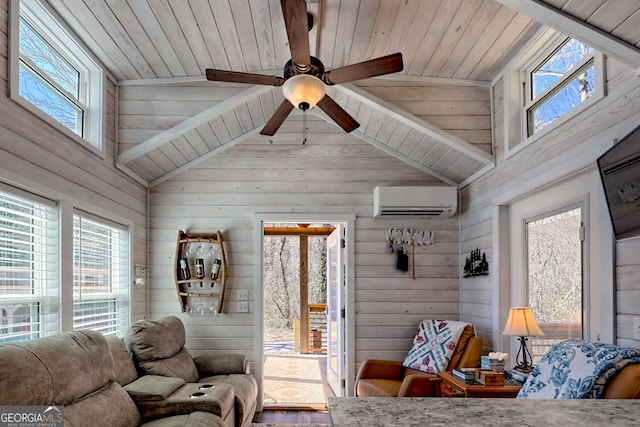 living room with wood ceiling, ceiling fan, an AC wall unit, wood walls, and high vaulted ceiling