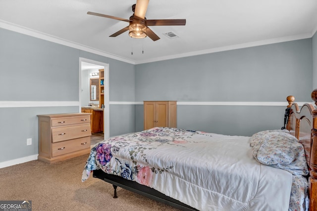 bedroom featuring crown molding, light colored carpet, visible vents, a ceiling fan, and baseboards