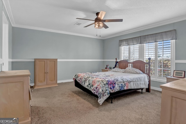 bedroom with light carpet, baseboards, visible vents, and crown molding