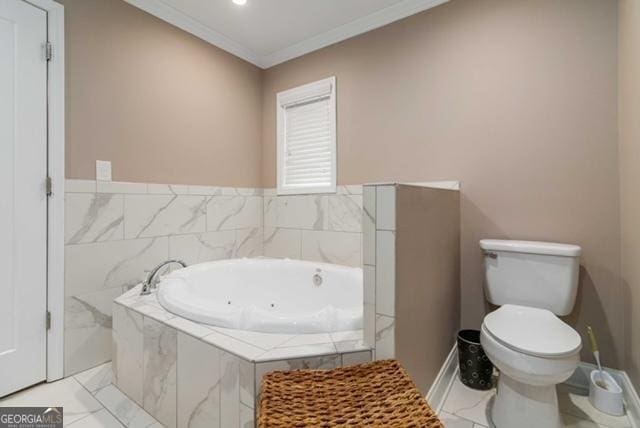 full bathroom featuring toilet, ornamental molding, and a whirlpool tub