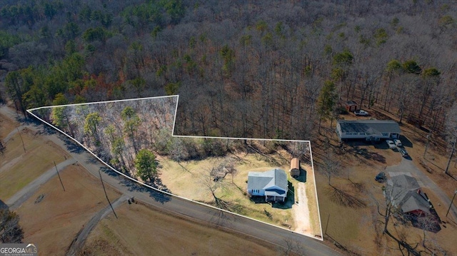 bird's eye view featuring a rural view and a view of trees