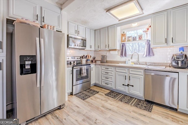 kitchen with decorative backsplash, stainless steel appliances, a textured ceiling, light wood-style floors, and a sink