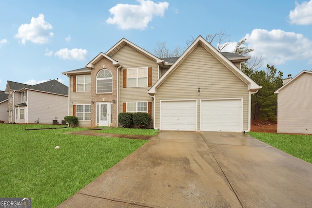 view of front of house with a garage, driveway, brick siding, and a front lawn