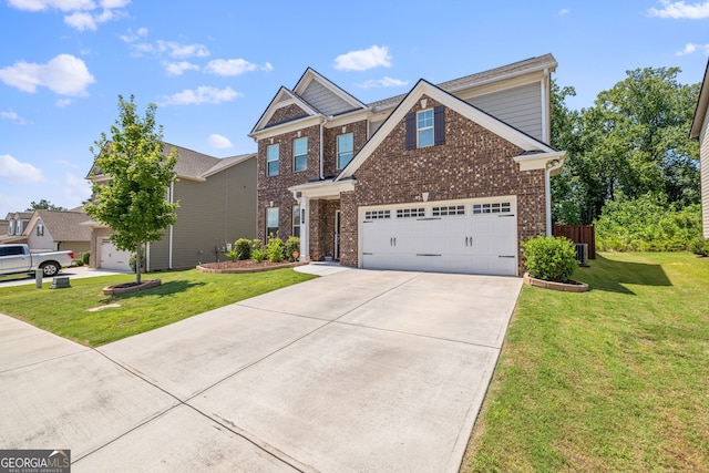 view of front of home featuring a garage, driveway, brick siding, and a front yard