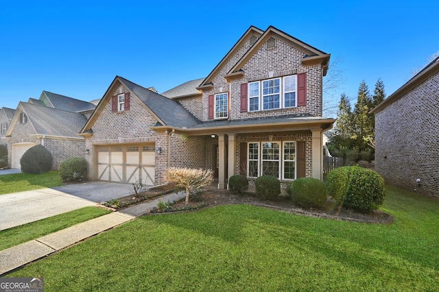 view of front facade with driveway, brick siding, an attached garage, and a front lawn